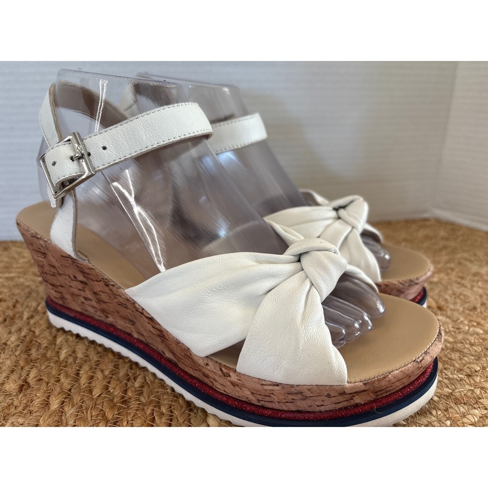 Ara High Soft White Leather Knot Wedge Sandals Red Blue Stripe Cork Heel 39